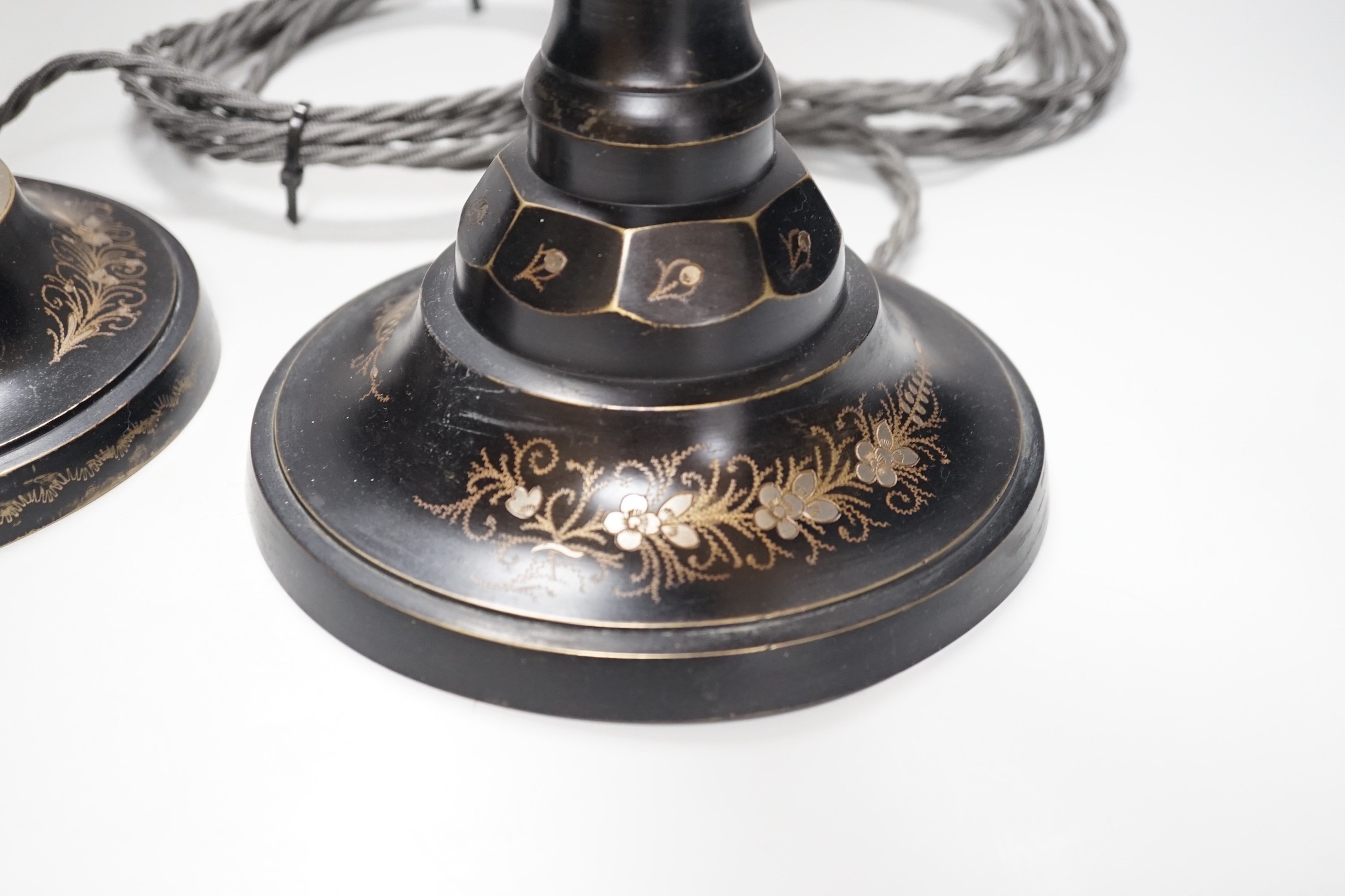 A near pair of Indian Bidri ware table lamps, 60cm total height